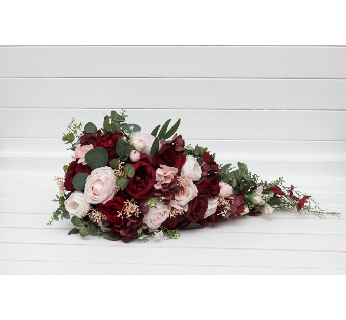 Wedding Bouquets in Burgundy & Blush Pink | Cascading Faux Bridal & Bridesmaid Bouquets