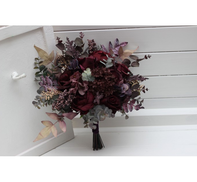 Wedding Bouquets in Deep Purple & Burgundy | Cascading Faux Bridal & Bridesmaid Bouquets