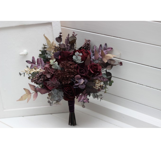Wedding Bouquets in Deep Purple & Burgundy | Cascading Faux Bridal & Bridesmaid Bouquets