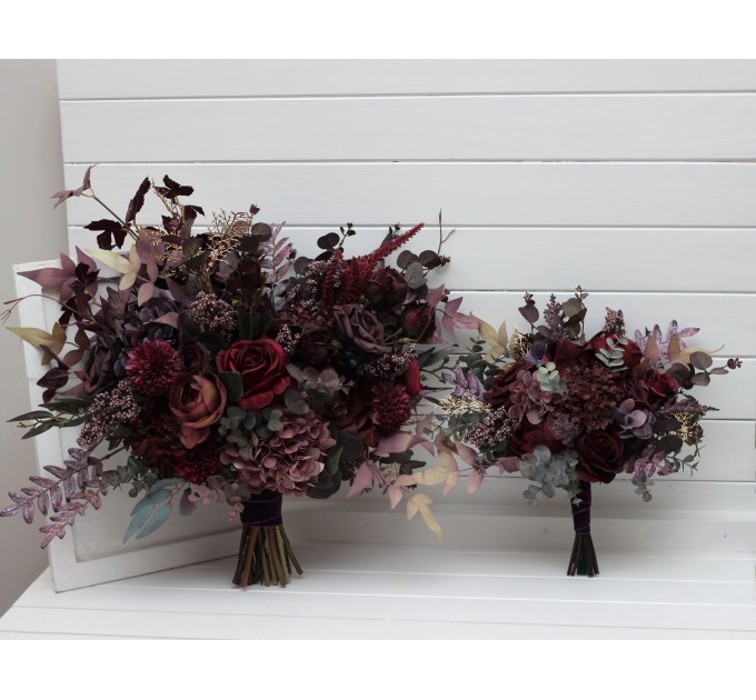 Wedding Bouquets in Deep Purple & Burgundy | Cascading Faux Bridal & Bridesmaid Bouquets