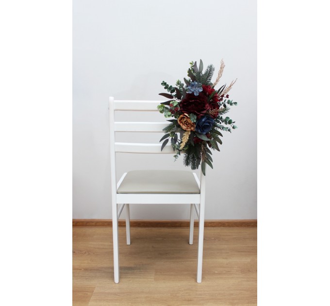Winter wedding.Aisle flowers in burgundy navy blue gold color scheme. Chair flowers. Sign flowers. Wedding flowers. Flowers for wedding decor 0031