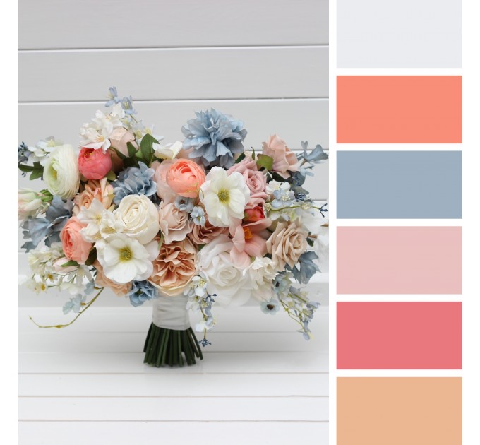 Spring & Summer Wedding Bouquets in White, Beige, Peach & Dusty Blue | Faux Bridal & Bridesmaid Daisy Bouquets