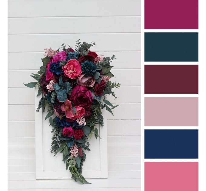 Cascading Wedding Bouquet in Jewel-Tone Colors | Emerald Green, Purple, Magenta & Teal | Faux Bridal & Bridesmaid Bouquets