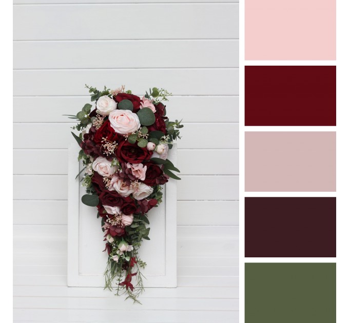 Wedding Bouquets in Burgundy & Blush Pink | Cascading Faux Bridal & Bridesmaid Bouquets