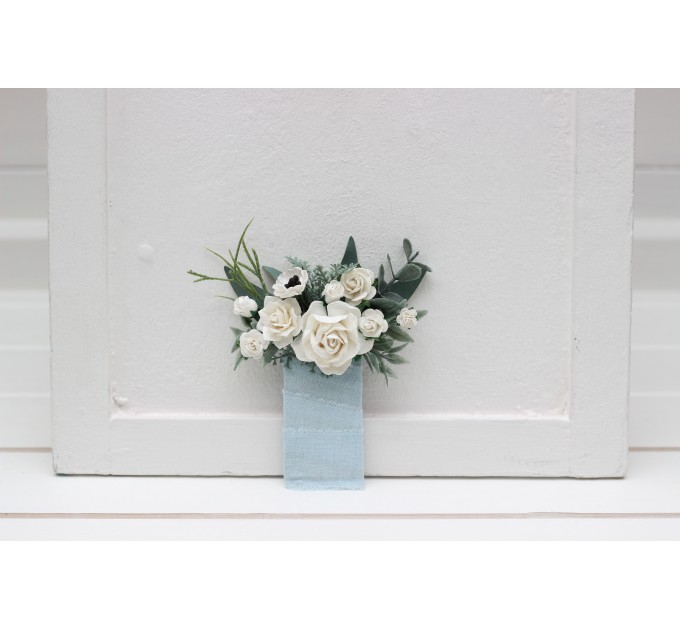 Pocket Boutonniere in White & Dusty Blue | Faux Flower Accessories