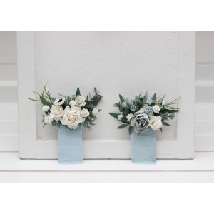 Pocket boutonniere in white and dusty blue color scheme. Flower accessories. Pocket flowers. Square flowers. 5282