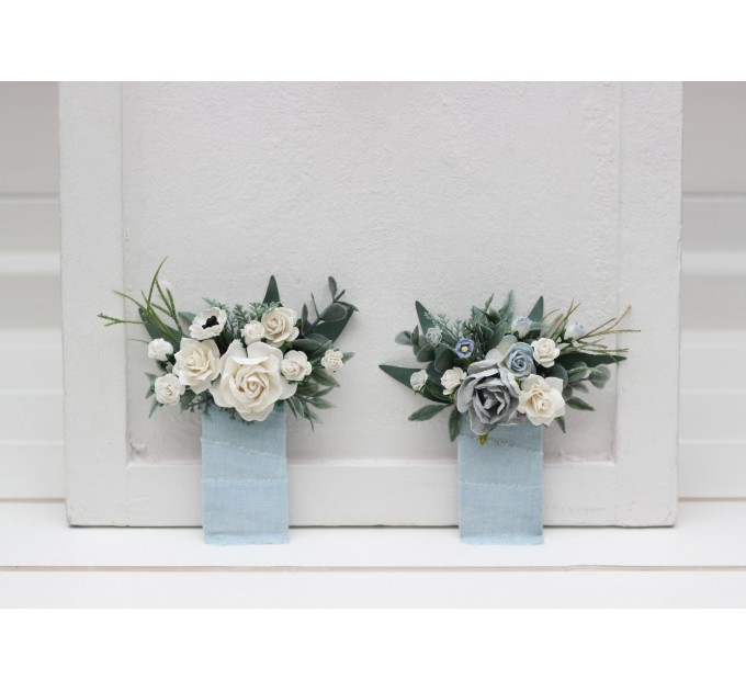 Pocket Boutonniere in White & Dusty Blue | Faux Flower Accessories