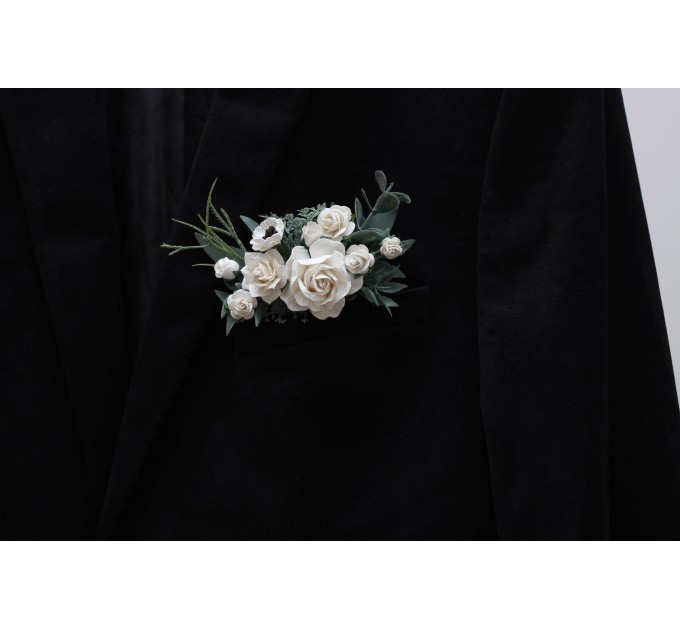 Pocket Boutonniere in White & Dusty Blue | Faux Flower Accessories