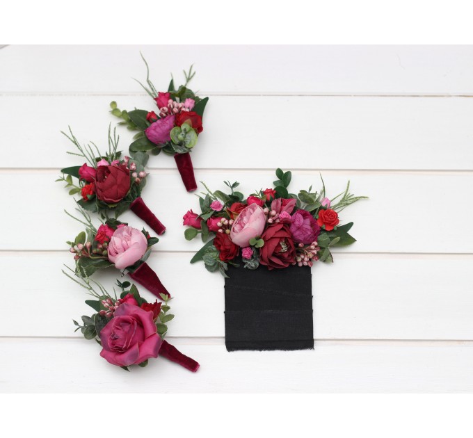 Wedding boutonnieres and wrist corsage in magenta pink red color scheme. Flower accessories. 5280