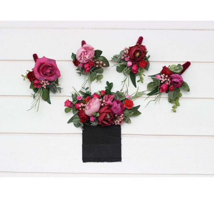 Wedding boutonnieres and wrist corsage in magenta pink red color scheme. Flower accessories. 5280