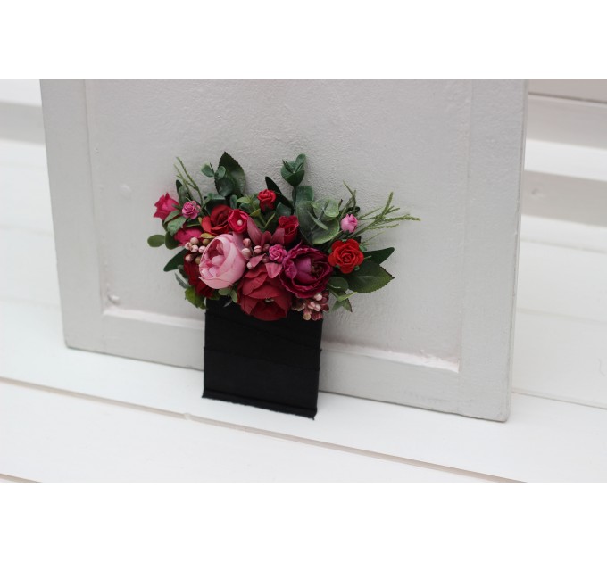 Wedding boutonnieres and wrist corsage in magenta pink red color scheme. Flower accessories. 5280