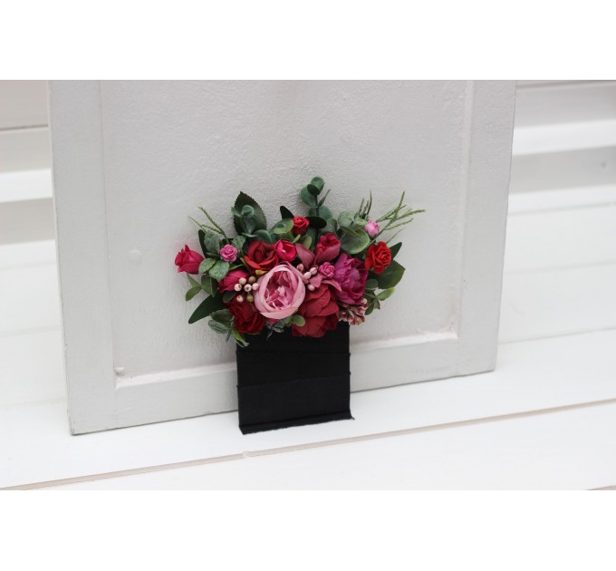 Wedding boutonnieres and wrist corsage in magenta pink red color scheme. Flower accessories. 5280