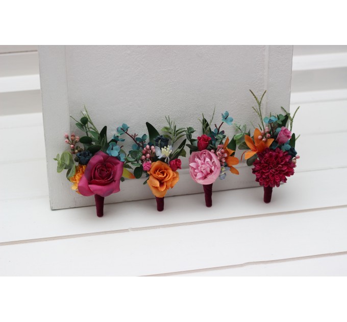 Wedding Boutonnieres & Wrist Corsage in Orange, Magenta & Teal | Faux Flower Accessories