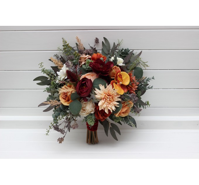 Bridal & Bridesmaid Bouquets for Fall Wedding | Orchid & Dahlia Faux Cascading Bouquets