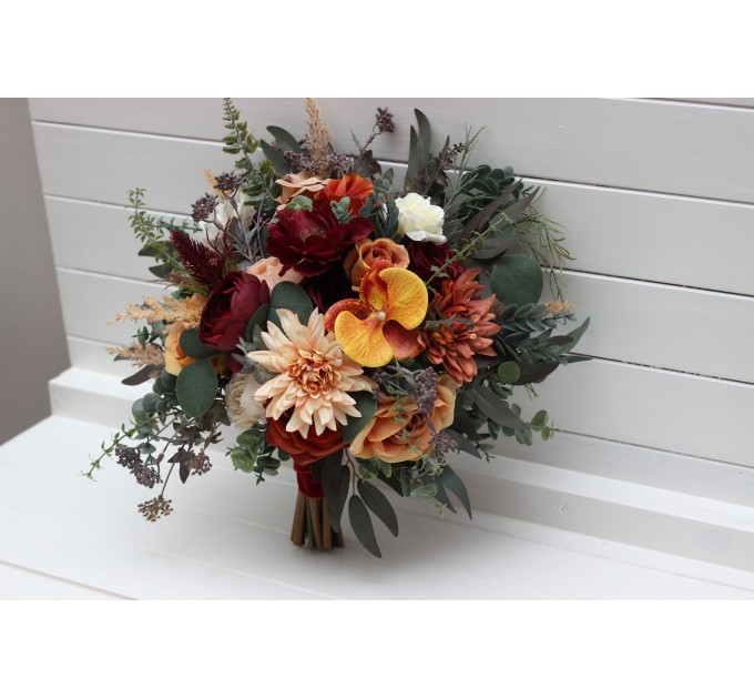 Cascading Fall Wedding Bouquet with Orchids & Dahlias | Faux Bridal & Bridesmaid Bouquets