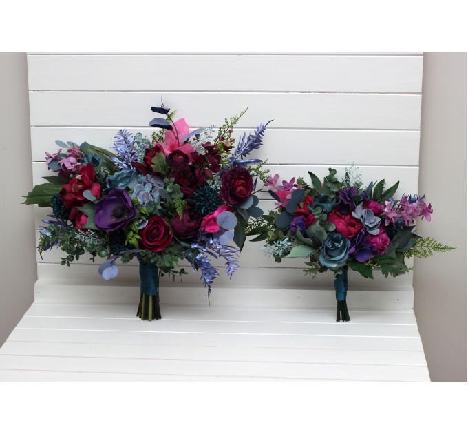 Wedding Bouquets in Teal, Magenta, Blue & Purple | Cascading Faux Bridal & Bridesmaid Bouquets
