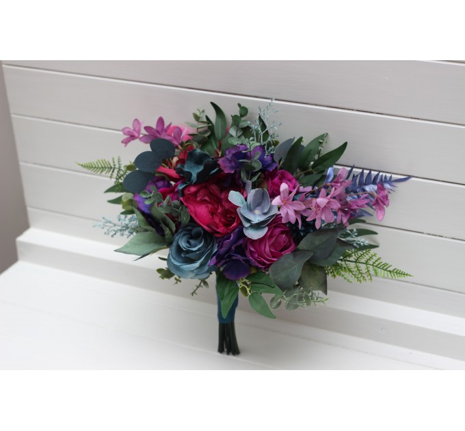 Wedding Bouquets in Teal, Magenta, Blue & Purple | Cascading Faux Bridal & Bridesmaid Bouquets