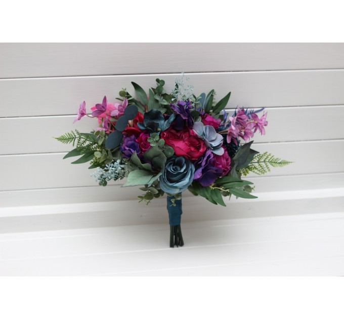 Wedding Bouquets in Teal, Magenta, Blue & Purple | Cascading Faux Bridal & Bridesmaid Bouquets