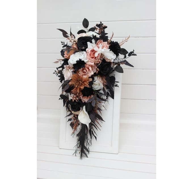 Dusty Rose, Black, Cinnamon, and White Cascading Wedding Bouquets – Gothic Bridal & Bridesmaid Designs