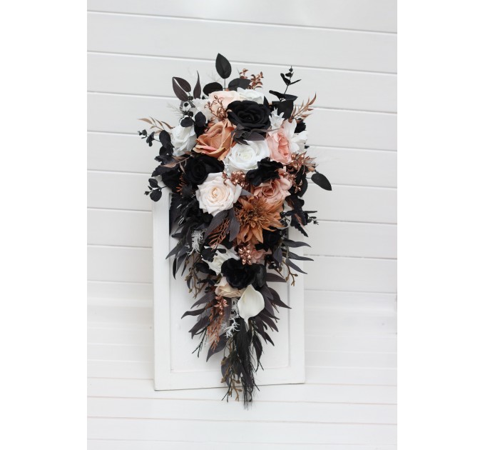 Dusty Rose, Black, Cinnamon, and White Cascading Wedding Bouquets – Gothic Bridal & Bridesmaid Designs