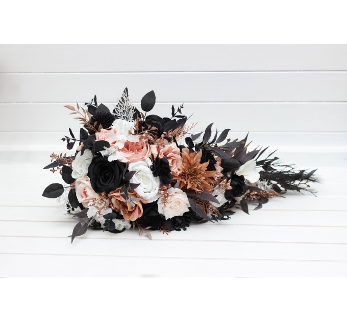 Dusty Rose, Black, Cinnamon, and White Cascading Wedding Bouquets – Gothic Bridal & Bridesmaid Designs