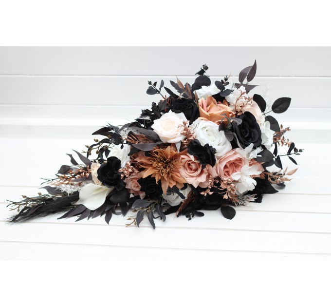 Dusty Rose, Black, Cinnamon, and White Wedding Bouquets with Black Pampas Grass – Gothic Bridal Designs