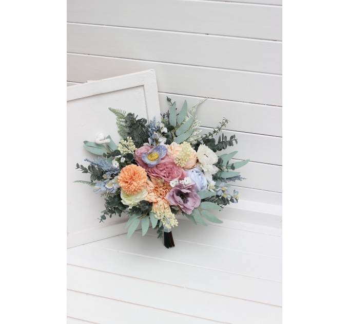Summer & Spring Wedding Wildflower Bridal Bouquet | Peach, Purple & Dusty Blue Faux Bridesmaid Bouquets