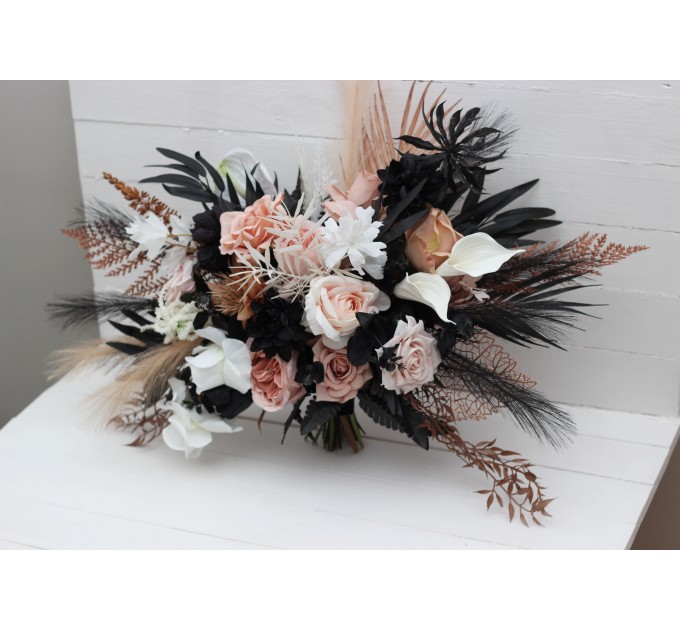 Dusty Rose, Black, Cinnamon, and White Cascading Wedding Bouquets – Gothic Bridal & Bridesmaid Designs