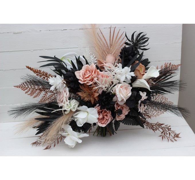 Dusty Rose, Black, Cinnamon, and White Cascading Wedding Bouquets – Gothic Bridal & Bridesmaid Designs