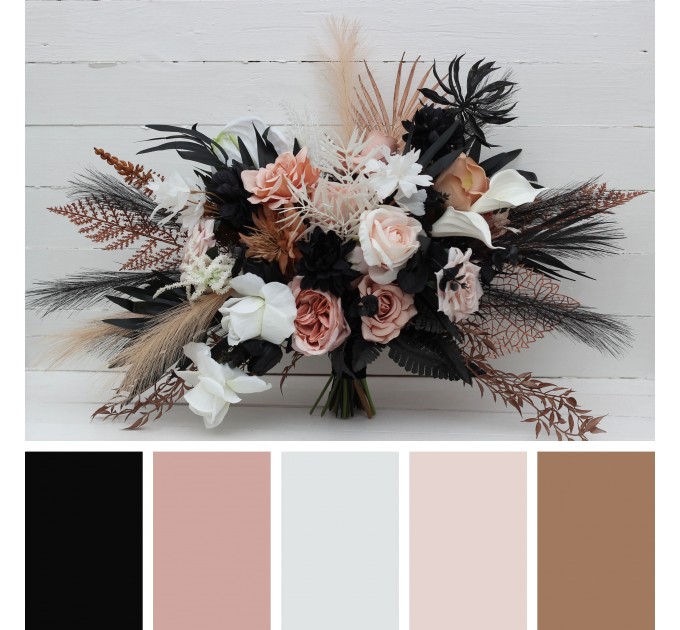 Dusty Rose, Black, Cinnamon, and White Cascading Wedding Bouquets – Gothic Bridal & Bridesmaid Designs