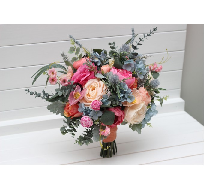 Spring & Summer Wedding Bouquets in Magenta, Peach, Coral & Dusty Blue | Faux Bridal & Bridesmaid Bouquets