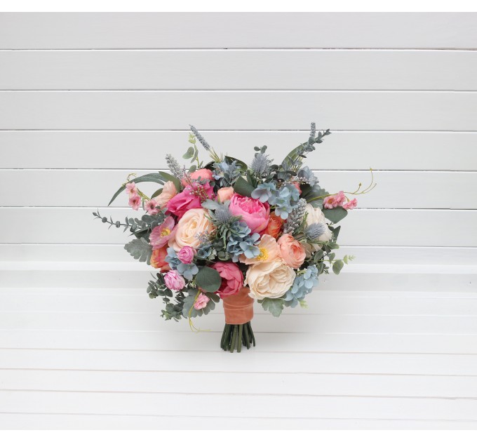 Spring & Summer Wedding Bouquets in Magenta, Peach, Coral & Dusty Blue | Faux Bridal & Bridesmaid Bouquets