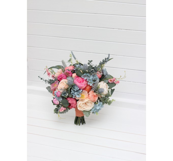 Spring & Summer Wedding Bouquets in Magenta, Peach, Coral & Dusty Blue | Faux Bridal & Bridesmaid Bouquets