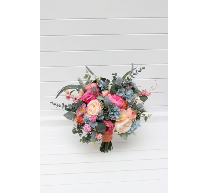 Spring & Summer Wedding Bouquets in Magenta, Peach, Coral & Dusty Blue | Faux Bridal & Bridesmaid Bouquets