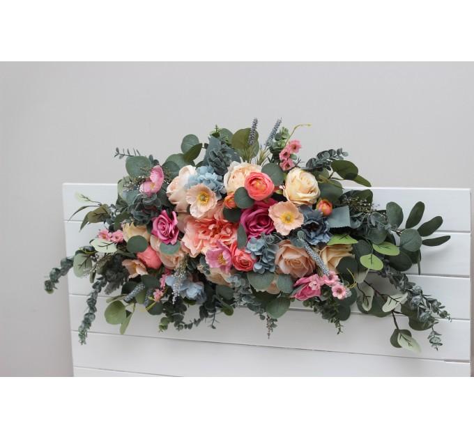 Flower Arch Arrangement in Magenta, Peach, Coral & Dusty Blue | Faux Floral Archway for Wedding