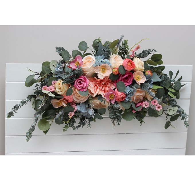 Flower Arch Arrangement in Magenta, Peach, Coral & Dusty Blue | Faux Floral Archway for Wedding