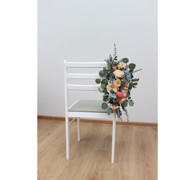 Aisle flowers in magenta peach coral dusty blue scheme. Chair flowers. Sign flowers. Wedding flowers. Flowers for wedding decor. 5286