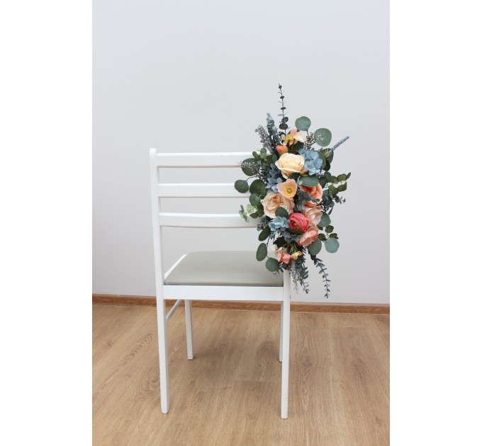Aisle flowers in magenta peach coral dusty blue scheme. Chair flowers. Sign flowers. Wedding flowers. Flowers for wedding decor. 5286