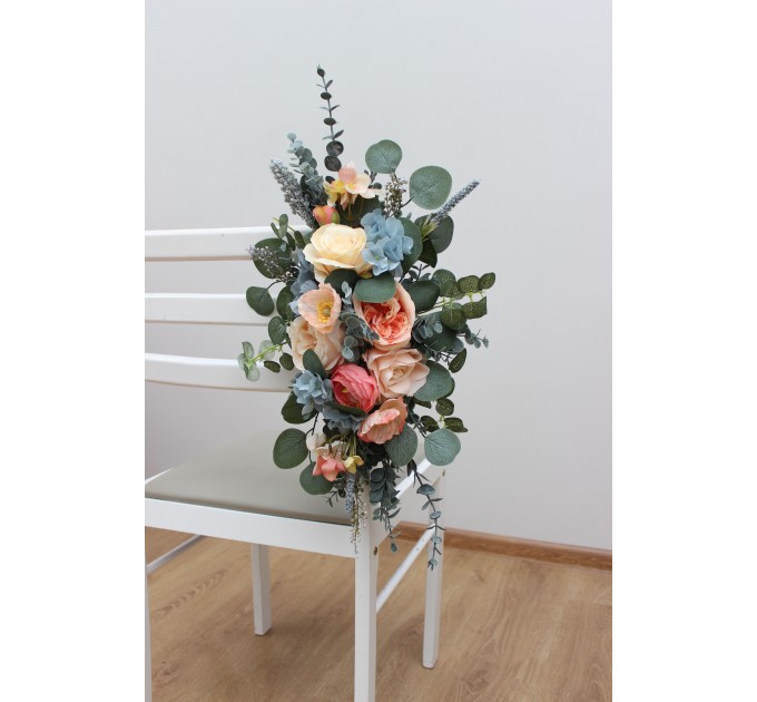 Aisle flowers in magenta peach coral dusty blue scheme. Chair flowers. Sign flowers. Wedding flowers. Flowers for wedding decor. 5286