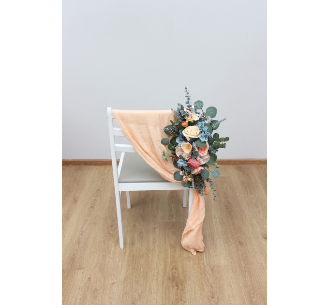 Aisle flowers in magenta peach coral dusty blue scheme. Chair flowers. Sign flowers. Wedding flowers. Flowers for wedding decor. 5286