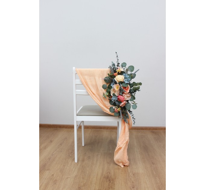 Aisle flowers in magenta peach coral dusty blue scheme. Chair flowers. Sign flowers. Wedding flowers. Flowers for wedding decor. 5286