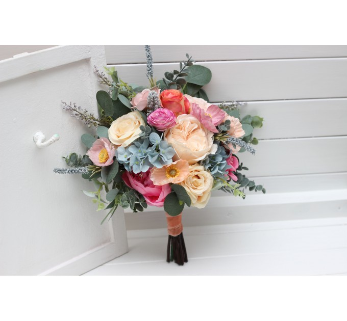 Spring & Summer Wedding Bouquets in Magenta, Peach, Coral & Dusty Blue | Faux Bridal & Bridesmaid Bouquets