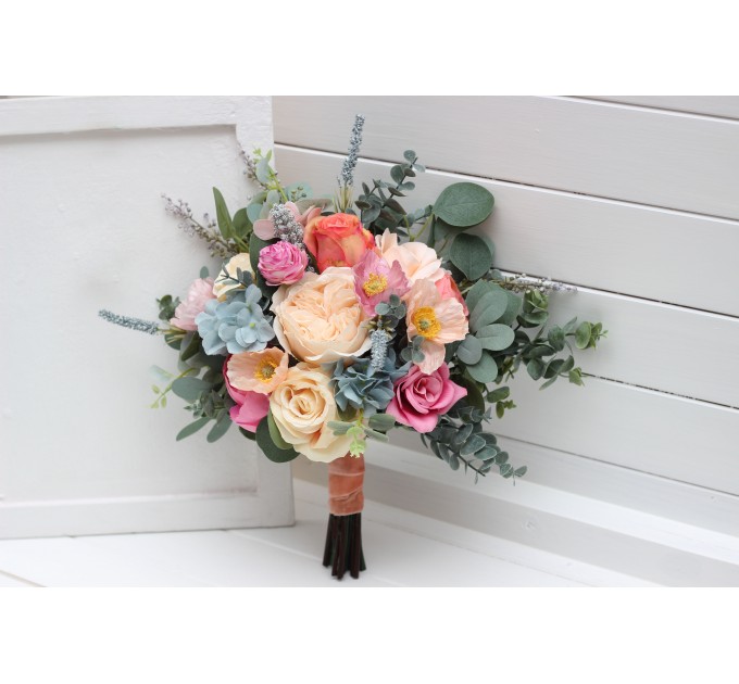 Spring & Summer Wedding Bouquets in Magenta, Peach, Coral & Dusty Blue | Faux Bridal & Bridesmaid Bouquets