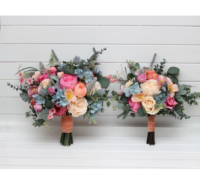 Spring & Summer Wedding Bouquets in Magenta, Peach, Coral & Dusty Blue | Faux Bridal & Bridesmaid Bouquets