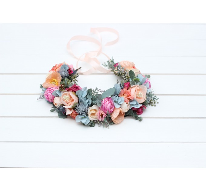 Magenta peach coral dusty blue flower crown. Hair wreath. Flower girl crown. Wedding flowers. Colorful flower crown. Summer wedding. 5286