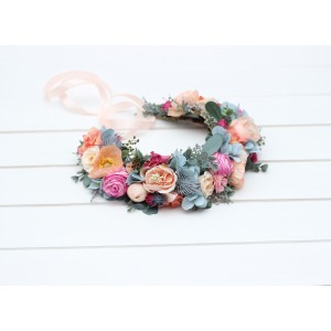 Magenta peach coral dusty blue  flower crown. Hair wreath. Flower girl crown. Wedding flowers. Colorful flower crown. Summer wedding. 5286