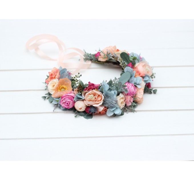 Magenta peach coral dusty blue flower crown. Hair wreath. Flower girl crown. Wedding flowers. Colorful flower crown. Summer wedding. 5286