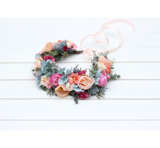 Magenta peach coral dusty blue flower crown. Hair wreath. Flower girl crown. Wedding flowers. Colorful flower crown. Summer wedding. 5286
