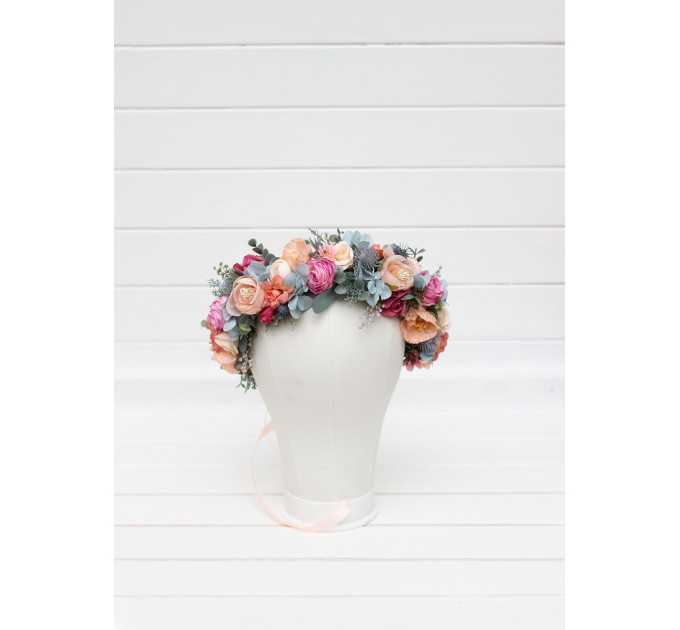 Magenta peach coral dusty blue flower crown. Hair wreath. Flower girl crown. Wedding flowers. Colorful flower crown. Summer wedding. 5286