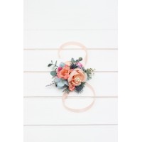 Wedding boutonnieres and wrist corsage  in magenta peach coral dusty blue color scheme. Flower accessories. 5286